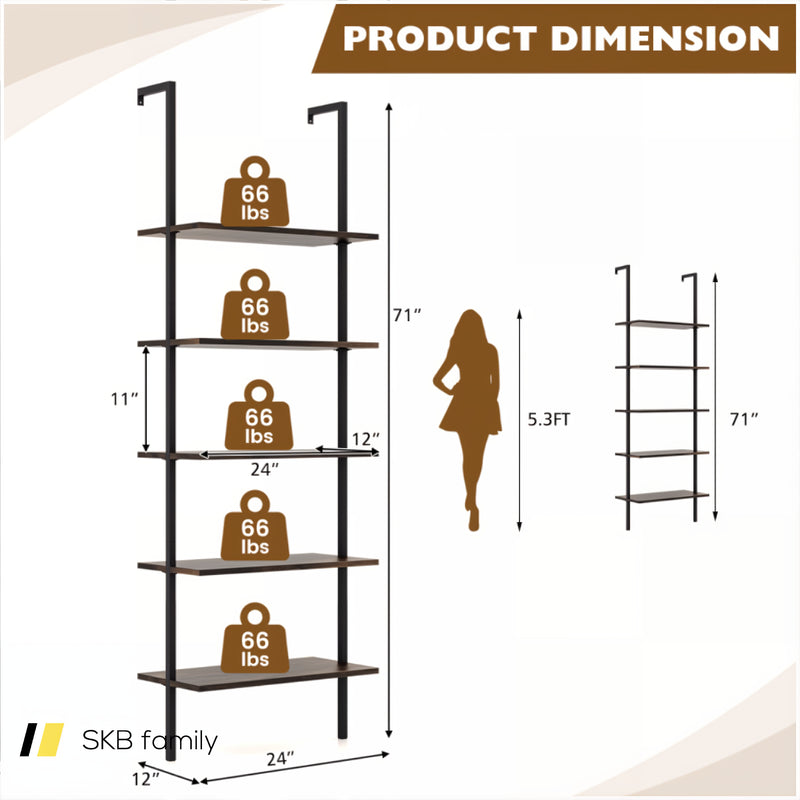 5 Tier Ladder Shelf Wall-Mounted Bookcase With Steel Frame 240115-214286