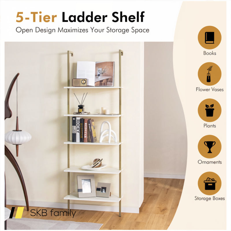 5 Tier Ladder Shelf Wall-Mounted Bookcase With Steel Frame 240115-214286