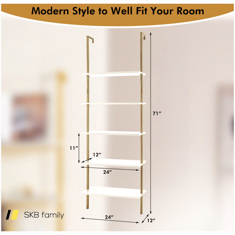 5 Tier Ladder Shelf Wall-Mounted Bookcase With Steel Frame 240115-214286