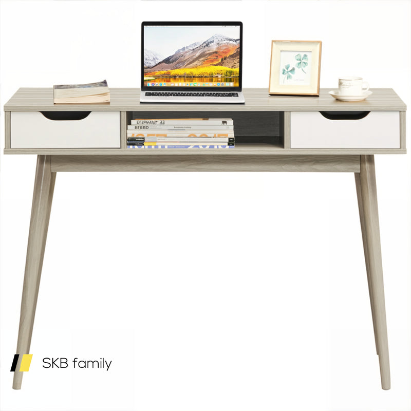 Stylish Computer Desk Workstation With 2 Drawers And Solid Wood Legs 240115-214554