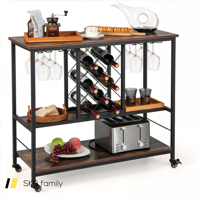 3-Tier Wine Bar Cabinet With 8 Bottles Rack And 12 Glasses Hanger 240115-214578