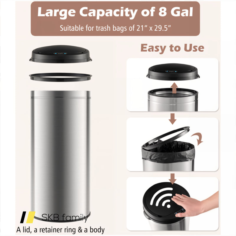 8 Gal Automatic Trash Can With Stainless Steel Frame Touchless Waste Bin 240115-214795