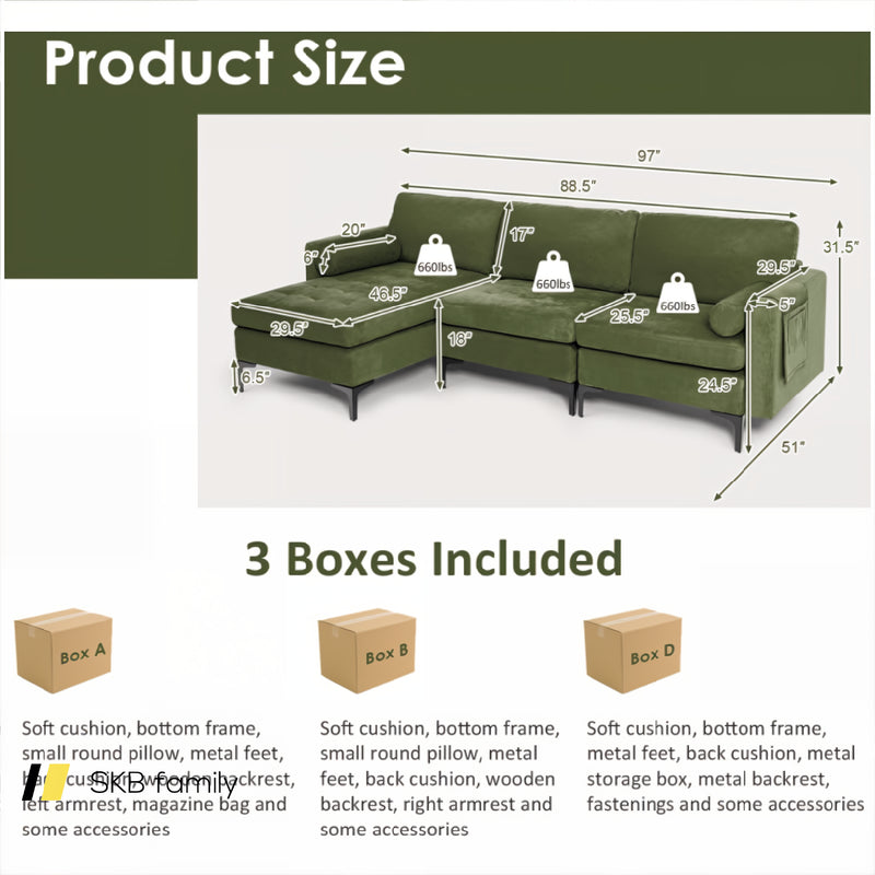 Modular L-Shaped 3-Seat Sectional Sofa With Reversible Chaise And 2 Usb Ports 240115-214845