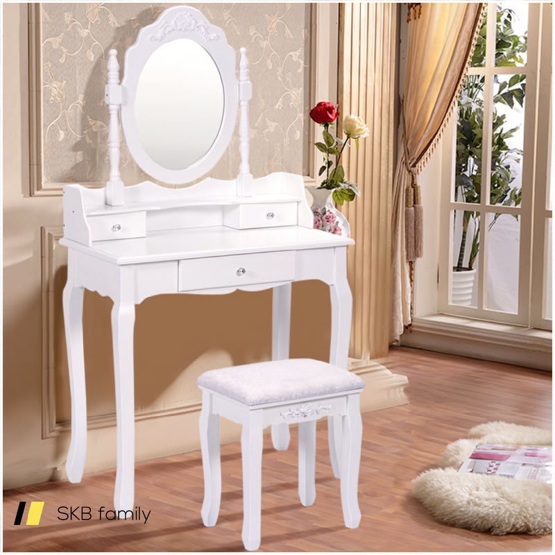 Vanity Table Set With Cushioned Stool With 360° Rotating Oval Mirror And Three Drawers 240115-215096