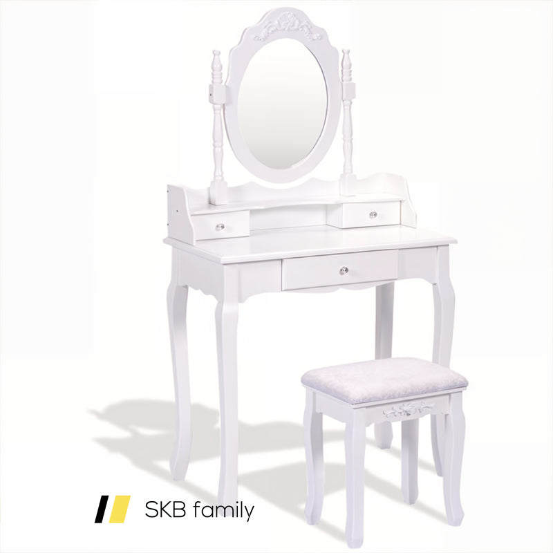 Vanity Table Set With Cushioned Stool With 360° Rotating Oval Mirror And Three Drawers 240115-215096