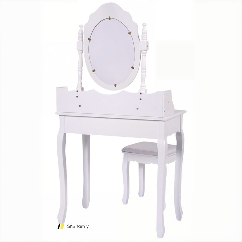 Vanity Table Set With Cushioned Stool With 360° Rotating Oval Mirror And Three Drawers 240115-215096