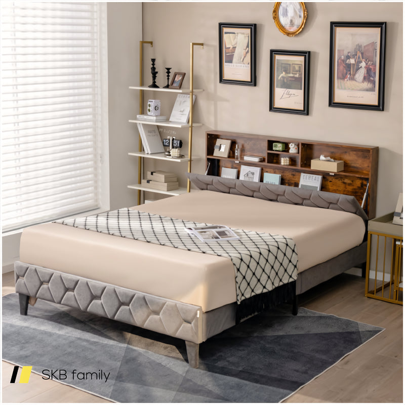 Full/Queen Size Upholstered Bed Frame With Storage Headboard 240115-215116