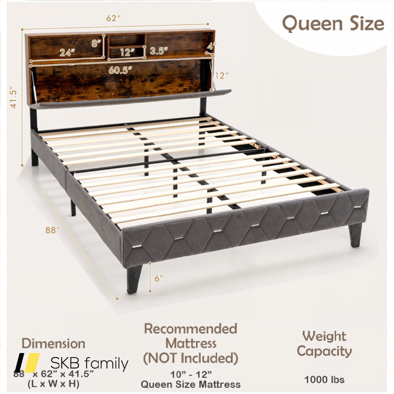 Full/Queen Size Upholstered Bed Frame With Storage Headboard 240115-215116