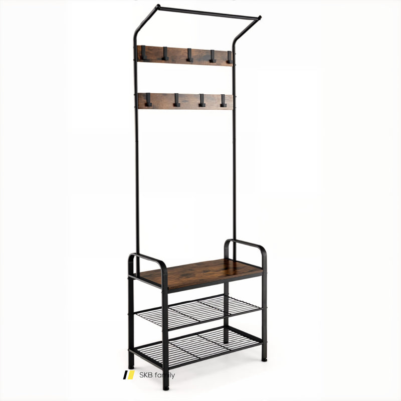 3-In-1 Industrial Hall Tree Coat Rack Shoe Bench With Storage Shelf And 9 Hooks 240115-215224