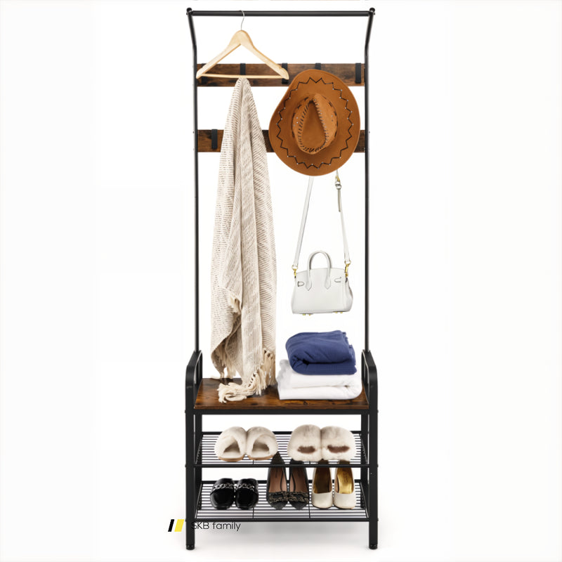 3-In-1 Industrial Hall Tree Coat Rack Shoe Bench With Storage Shelf And 9 Hooks 240115-215224