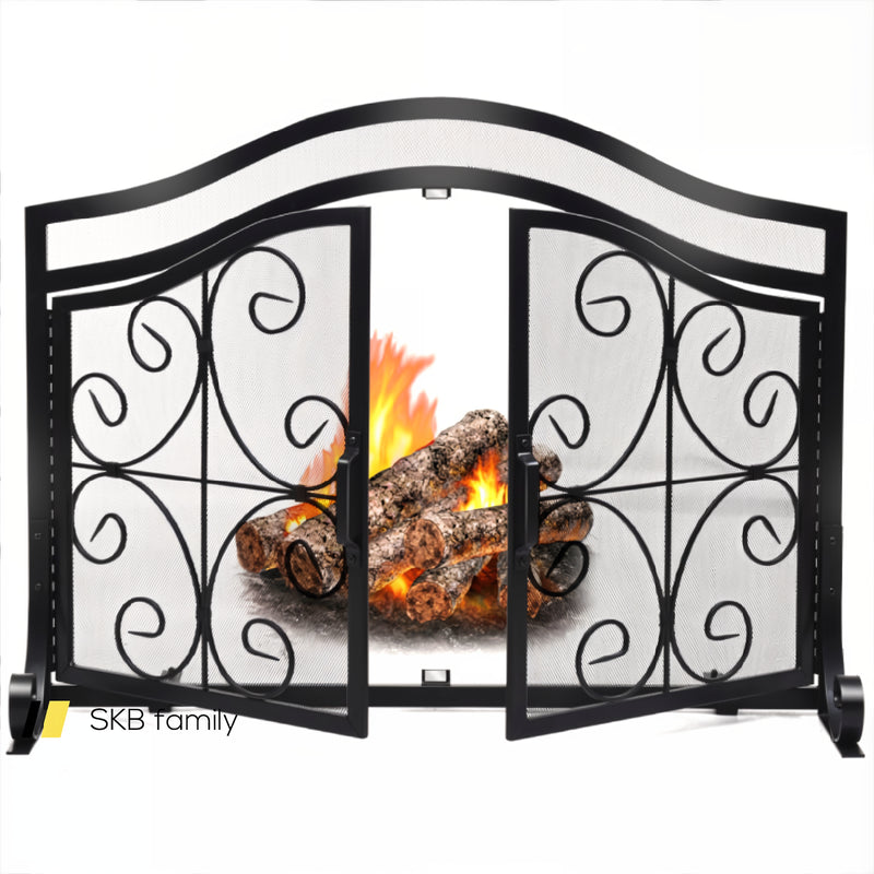 Fireplace Screen With Hinged Magnetic Two-Doors Flat Guard 240115-215347