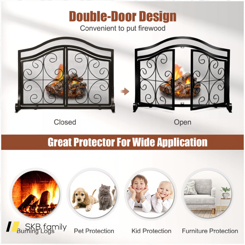 Fireplace Screen With Hinged Magnetic Two-Doors Flat Guard 240115-215347