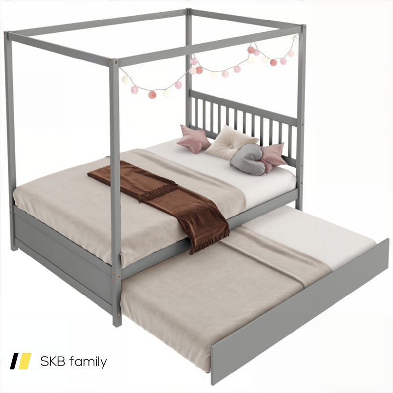 Full Size Canopy Bed Frame With Trundle And Headboard For Kids 240115-215513