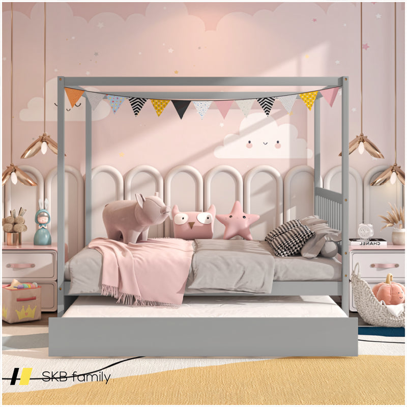 Full Size Canopy Bed Frame With Trundle And Headboard For Kids 240115-215513