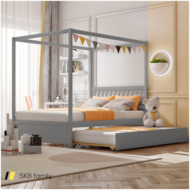 Full Size Canopy Bed Frame With Trundle And Headboard For Kids 240115-215513