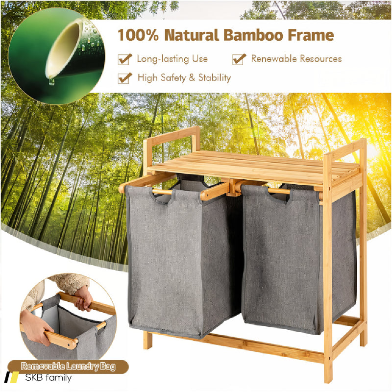 Bamboo Laundry Hamper With Dual Compartments Laundry Sorter And Sliding Bags 240515-229066