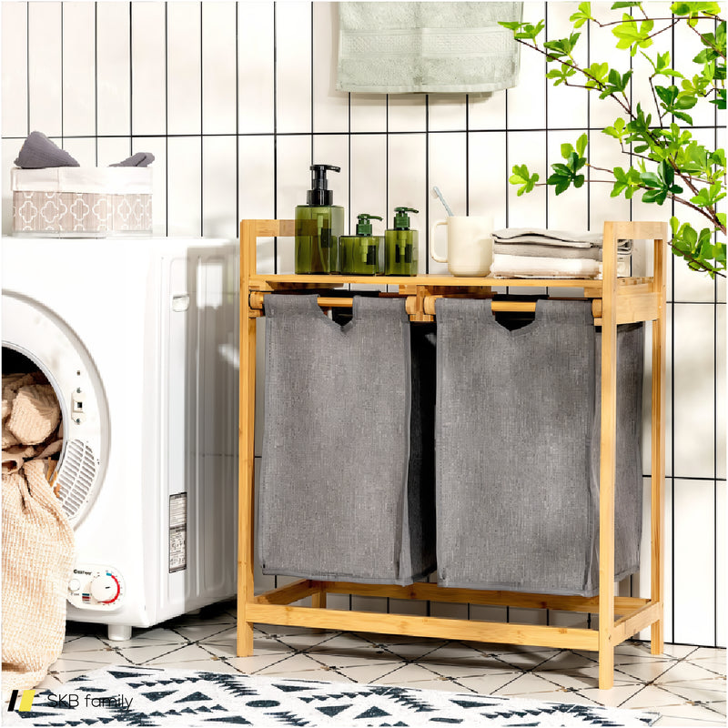 Bamboo Laundry Hamper With Dual Compartments Laundry Sorter And Sliding Bags 240515-229066