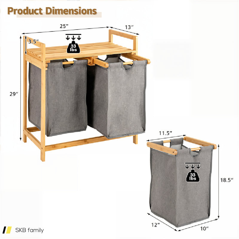 Bamboo Laundry Hamper With Dual Compartments Laundry Sorter And Sliding Bags 240515-229066