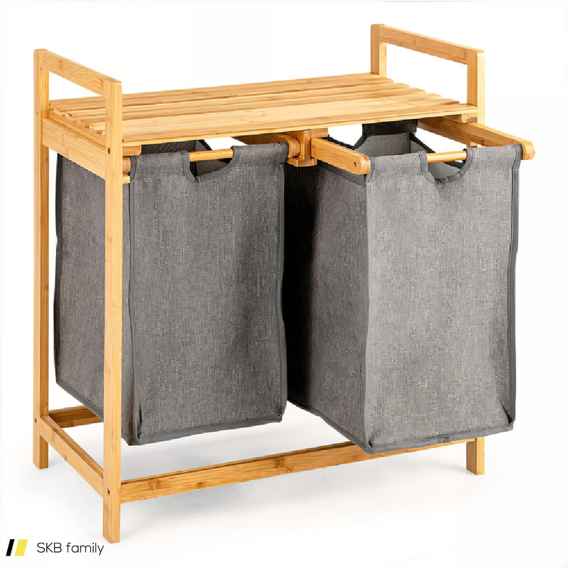 Bamboo Laundry Hamper With Dual Compartments Laundry Sorter And Sliding Bags 240515-229066