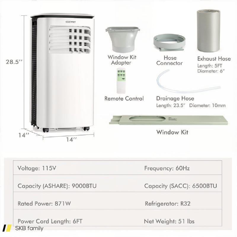 9000 Btu(Ashrae) Portable Air Conditioner With Fan And Dehumidifier 240515-229069