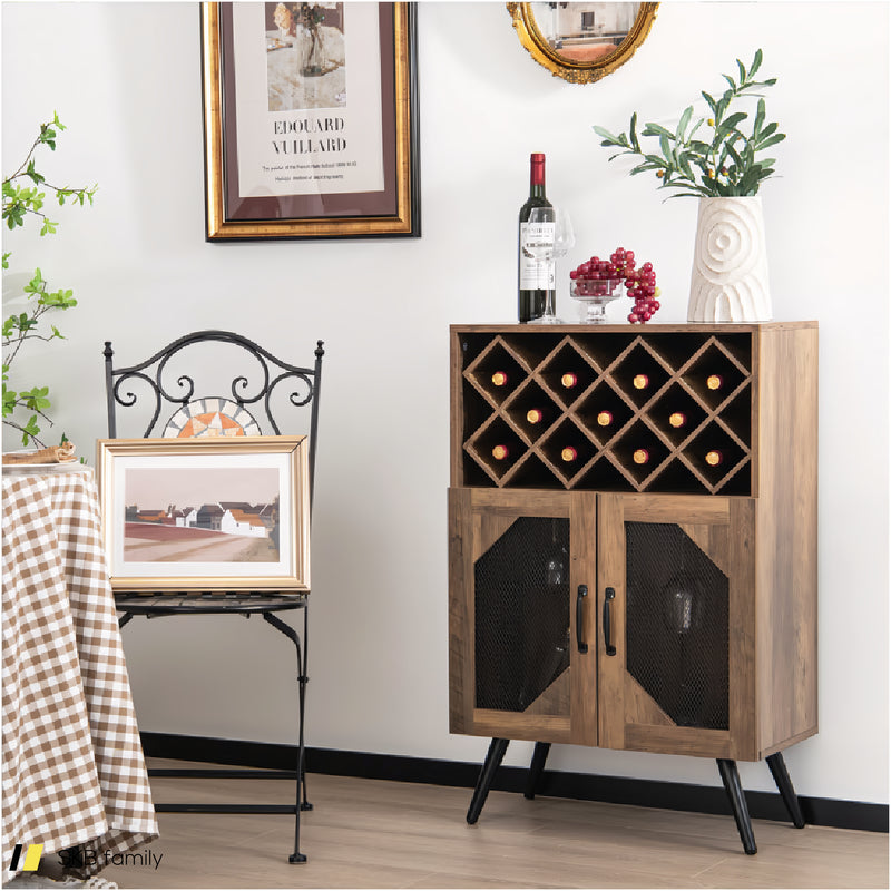 2-Door Farmhouse Kitchen Storage Bar Cabinet With Wine Rack And Glass Holder 240515-229072