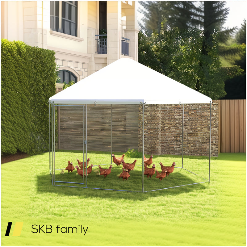 13ft Large Metal Hexagonal Chicken Coop With Wire Mesh And Lockable Door 240515-229095