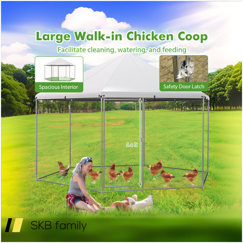 13ft Large Metal Hexagonal Chicken Coop With Wire Mesh And Lockable Door 240515-229095