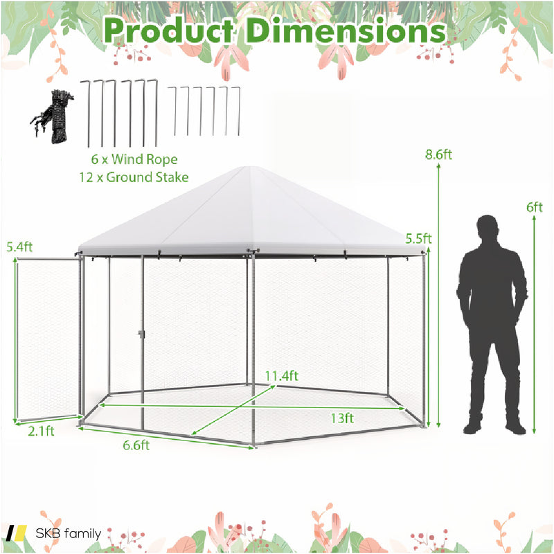 13ft Large Metal Hexagonal Chicken Coop With Wire Mesh And Lockable Door 240515-229095