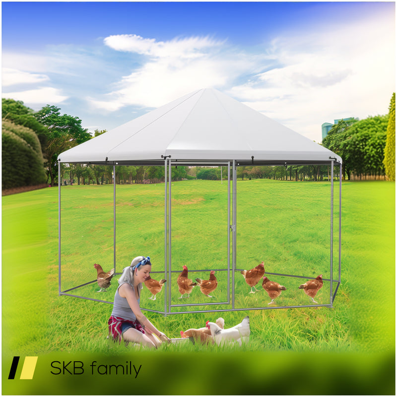 13ft Large Metal Hexagonal Chicken Coop With Wire Mesh And Lockable Door 240515-229095