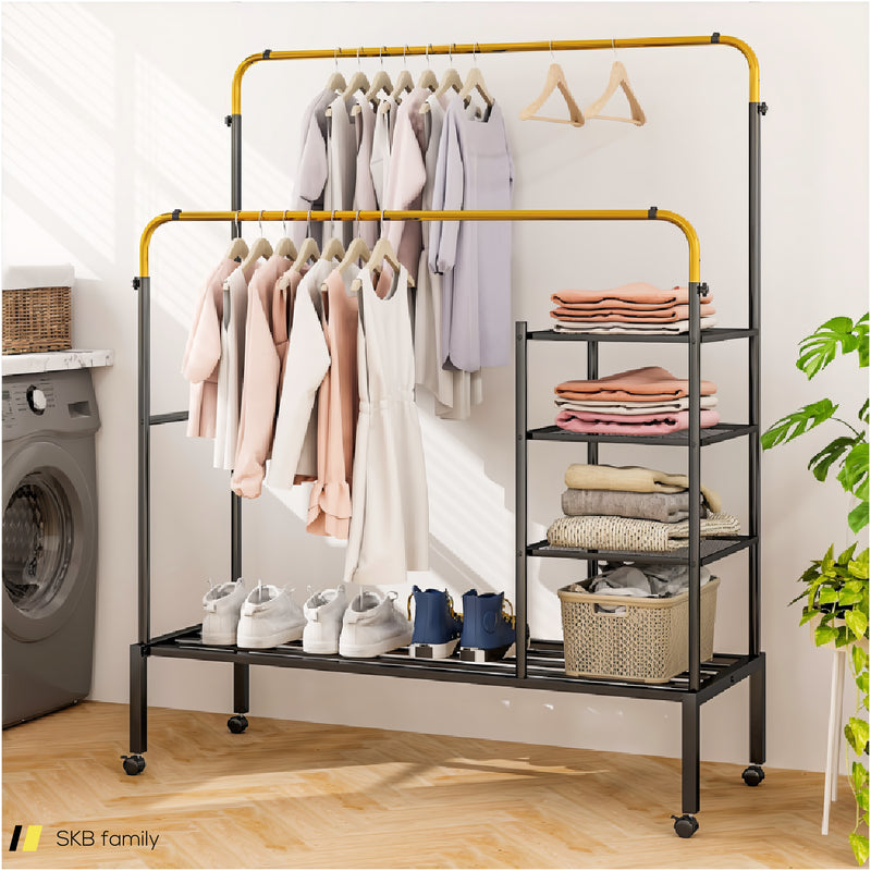 Rolling Double Rods Garment Rack With Height Adjustable Hanging Bars 240515-229100