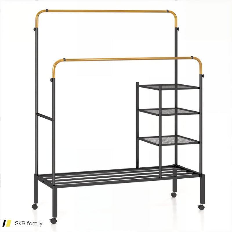 Rolling Double Rods Garment Rack With Height Adjustable Hanging Bars 240515-229100