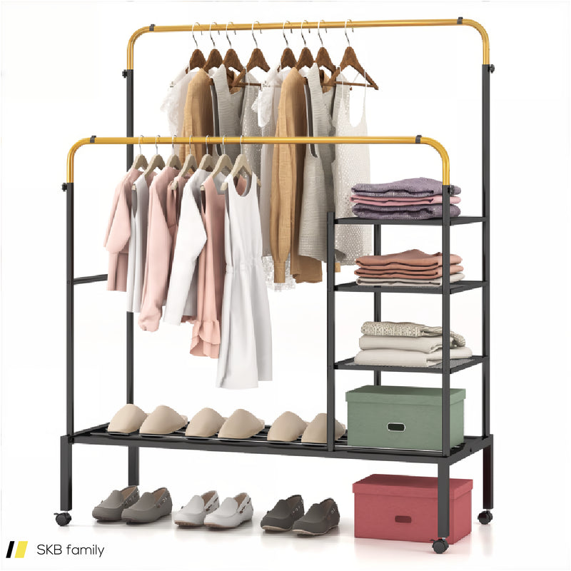 Rolling Double Rods Garment Rack With Height Adjustable Hanging Bars 240515-229100