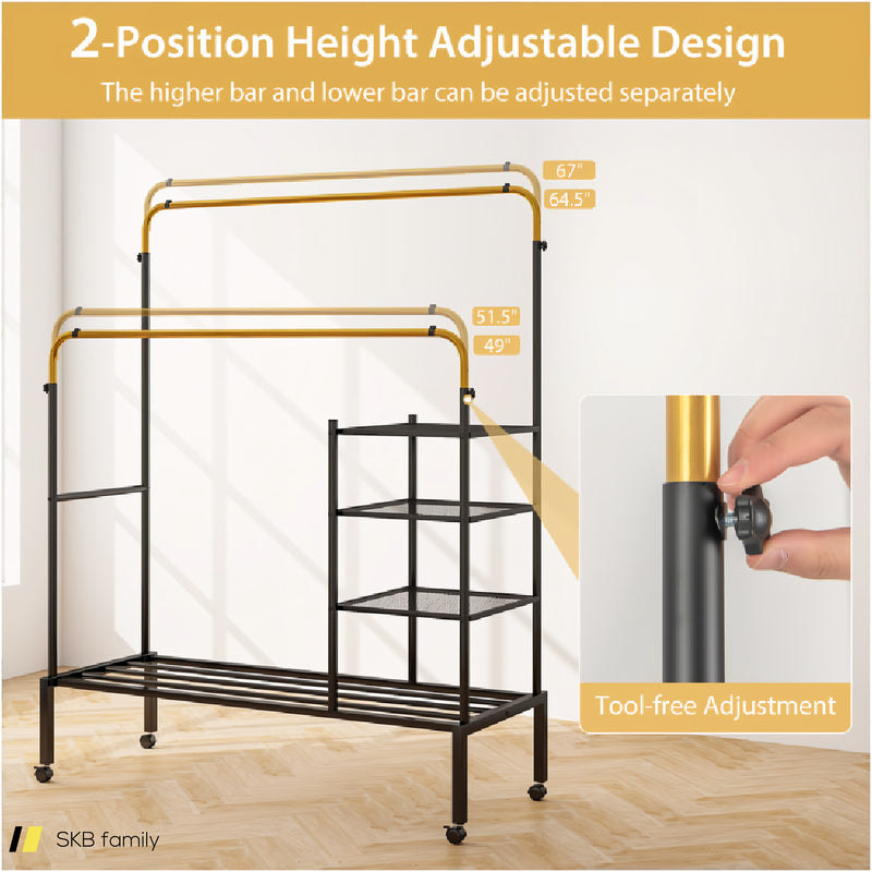 Rolling Double Rods Garment Rack With Height Adjustable Hanging Bars 240515-229100