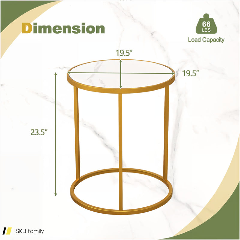 16 Inch Marble Top Round Side Table With Golden Metal Frame For Living Room Bedroom 240515-229111