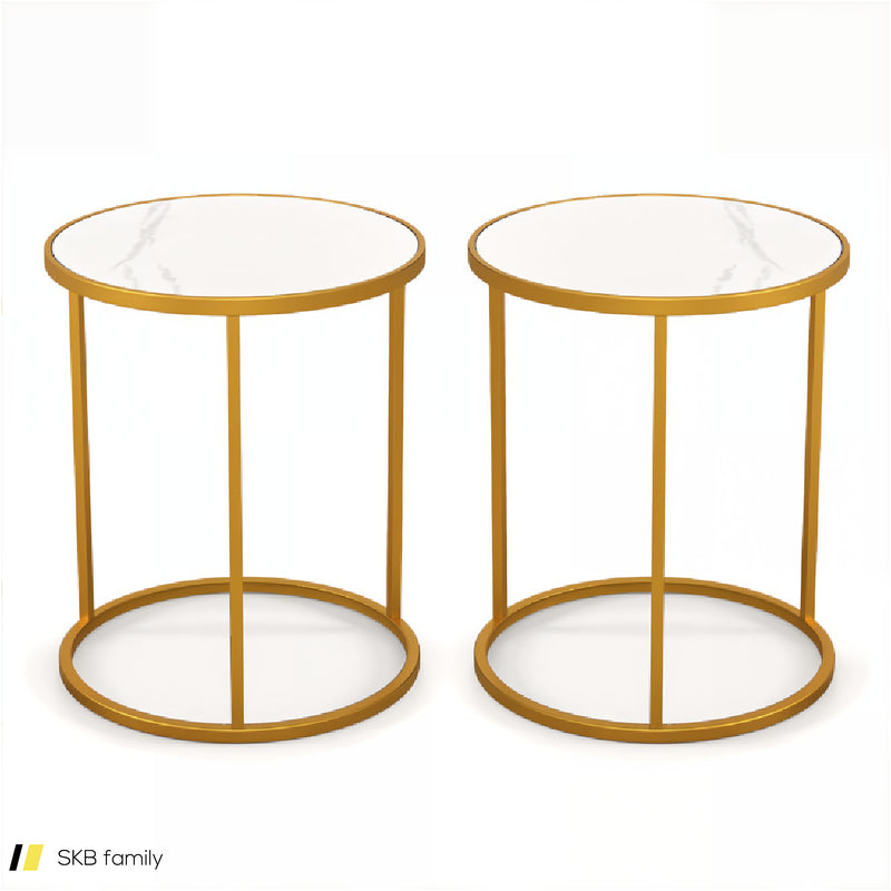 16 Inch Marble Top Round Side Table With Golden Metal Frame For Living Room Bedroom 240515-229111