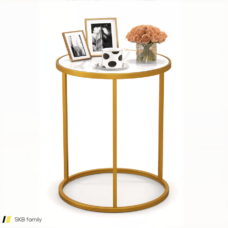 16 Inch Marble Top Round Side Table With Golden Metal Frame For Living Room Bedroom 240515-229111