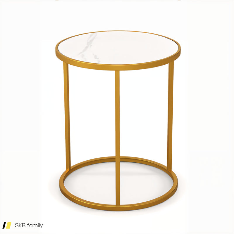 16 Inch Marble Top Round Side Table With Golden Metal Frame For Living Room Bedroom 240515-229111