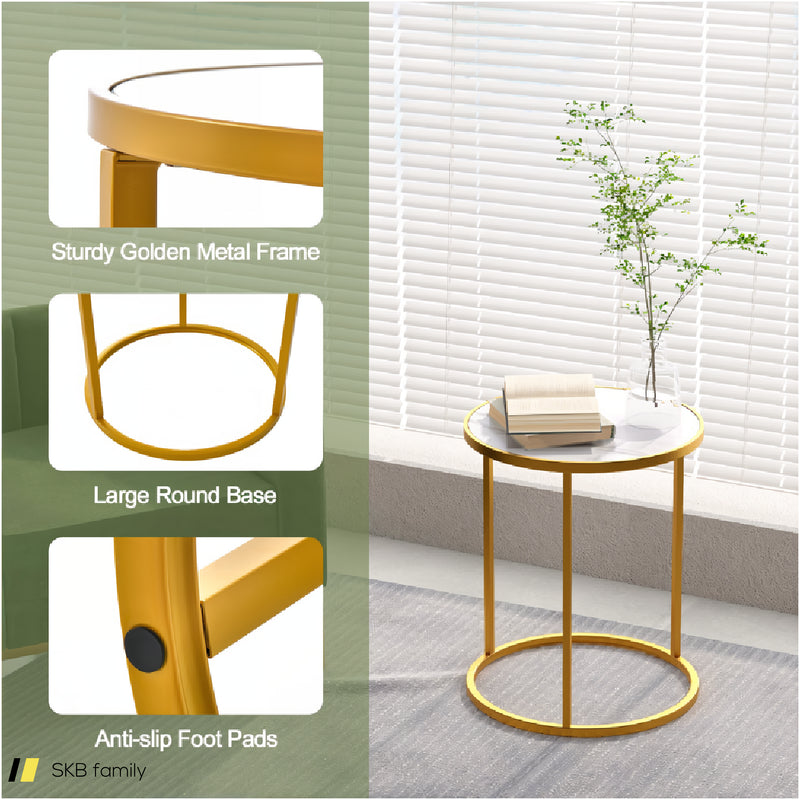 16 Inch Marble Top Round Side Table With Golden Metal Frame For Living Room Bedroom 240515-229111