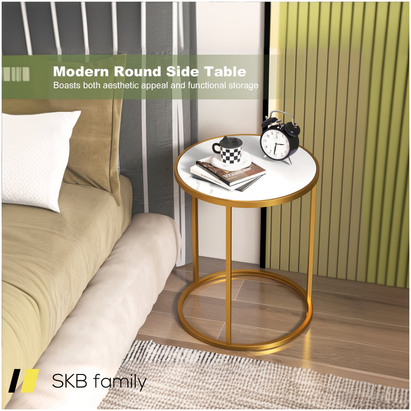 16 Inch Marble Top Round Side Table With Golden Metal Frame For Living Room Bedroom 240515-229111