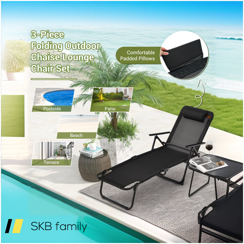 3 Pieces Patio Folding Chaise Lounge Set With Pvc Tabletop 240515-229117