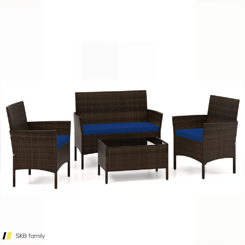 4 Piece Patio Rattan Conversation Set With Cozy Seat Cushions 240515-229124