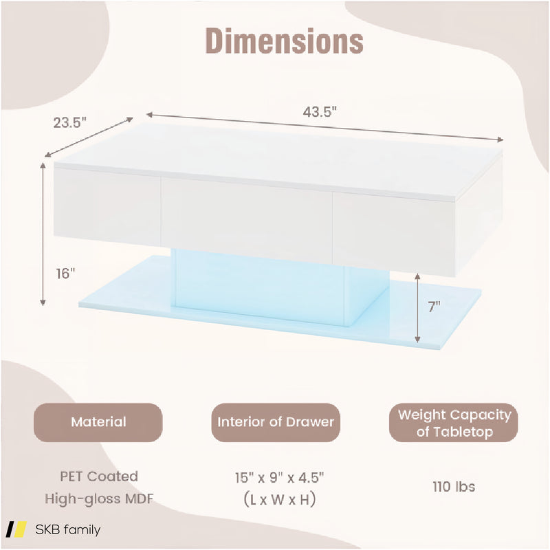 Modern Led Coffee Table With 20 Color Led Lights And 2 Storage Drawers 240515-229138