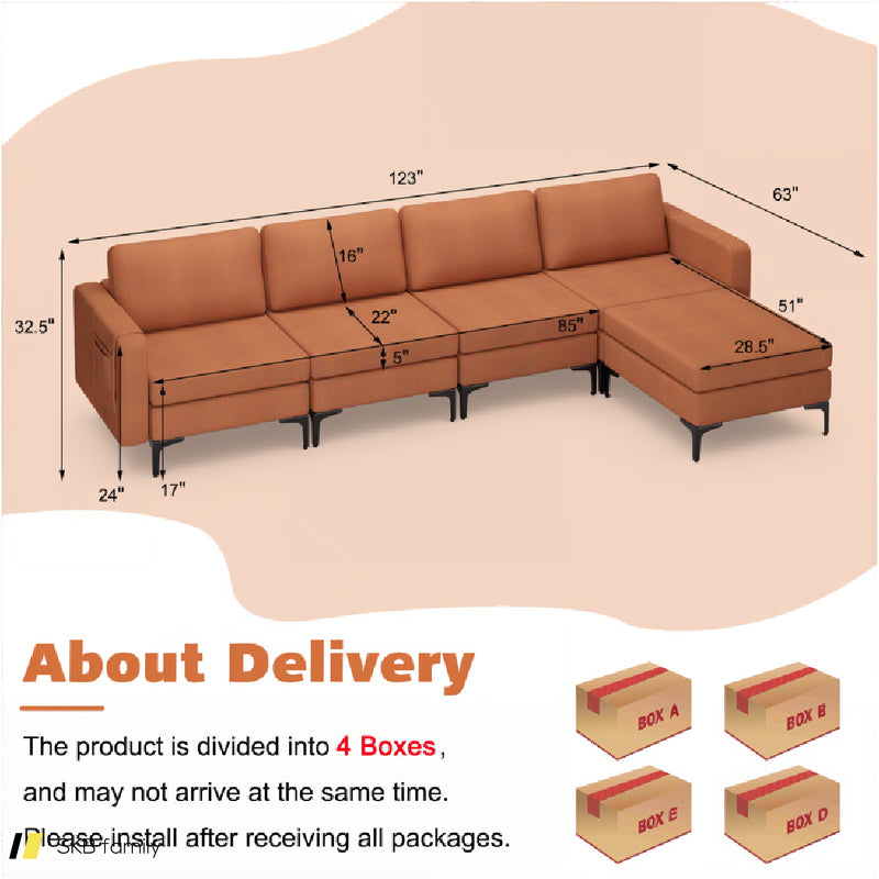 Modular L-Shaped Sectional Sofa With Reversible Ottoman And 2 Usb Ports 240515-229143