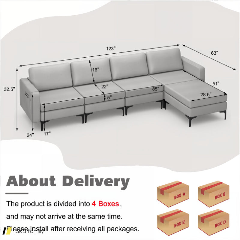 Modular L-Shaped Sectional Sofa With Reversible Ottoman And 2 Usb Ports 240515-229143