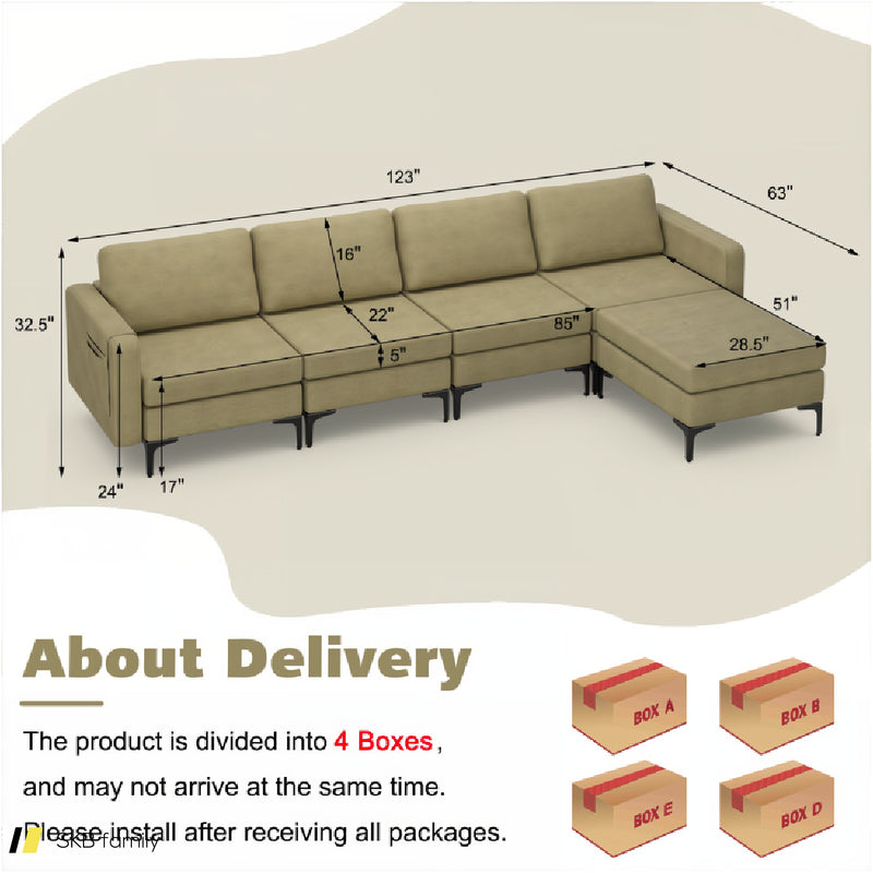 Modular L-Shaped Sectional Sofa With Reversible Ottoman And 2 Usb Ports 240515-229143