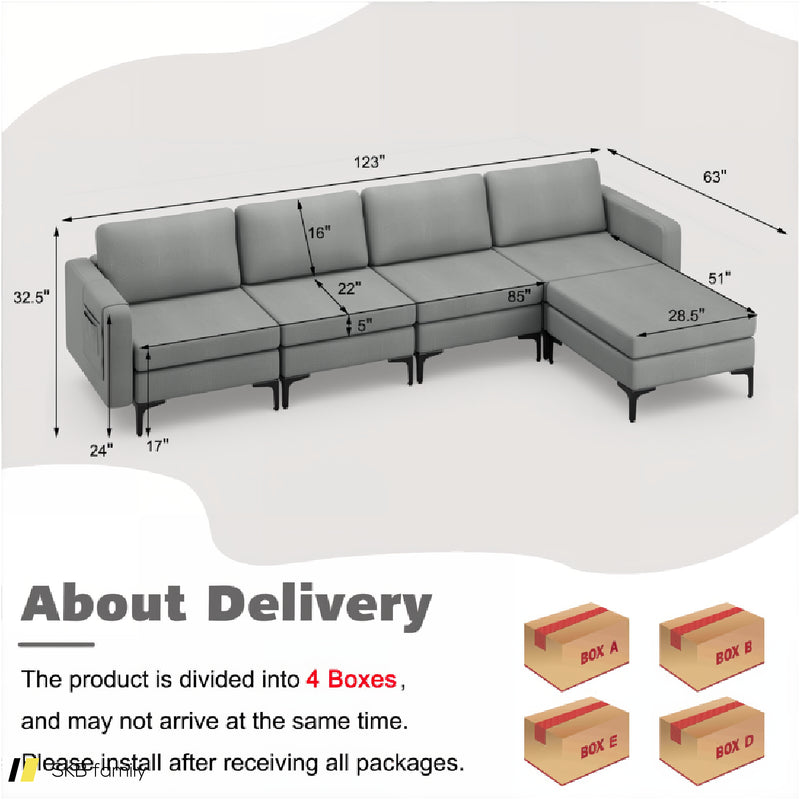 Modular L-Shaped Sectional Sofa With Reversible Ottoman And 2 Usb Ports 240515-229143