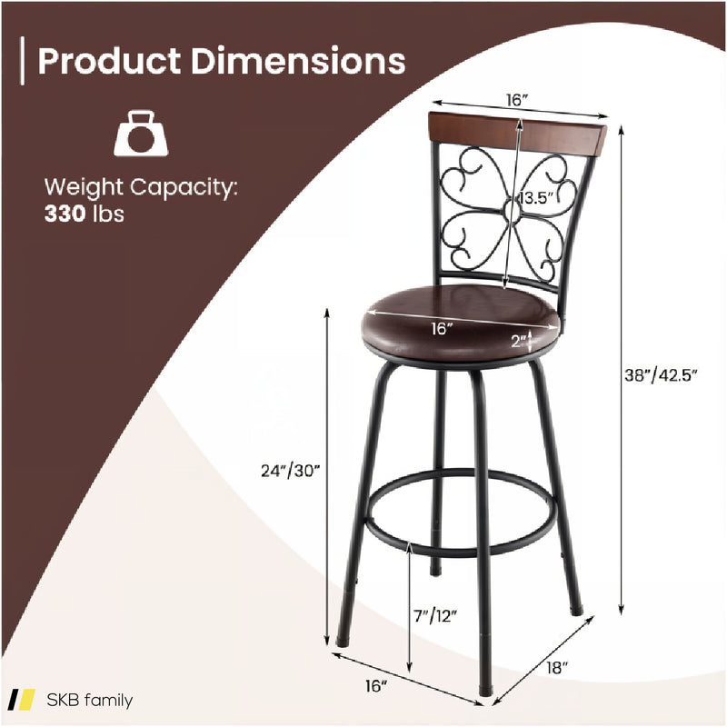 2 Pieces 24-30 Inch Adjustable Pu Cushioned Swivel Barstools 240515-229149