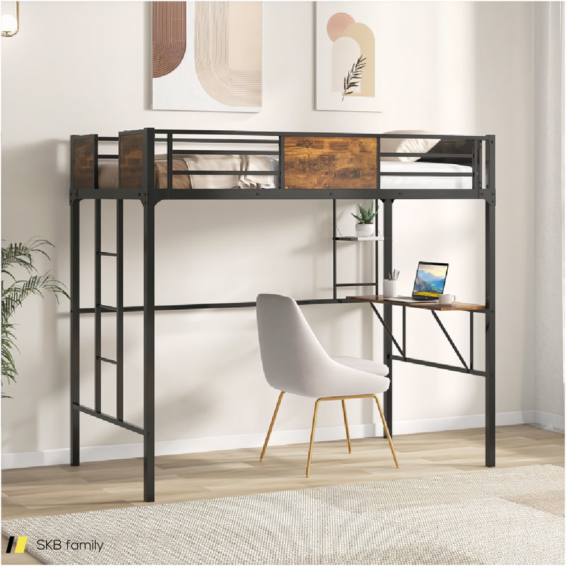 Twin Size Industrial Metal Loft Bed With Desk Storage Shelf And Build-In Ladder 240515-229163