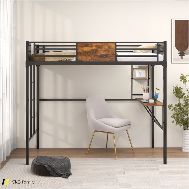 Twin Size Industrial Metal Loft Bed With Desk Storage Shelf And Build-In Ladder 240515-229163