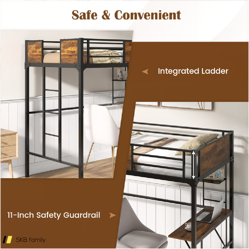 Twin Size Industrial Metal Loft Bed With Desk Storage Shelf And Build-In Ladder 240515-229163